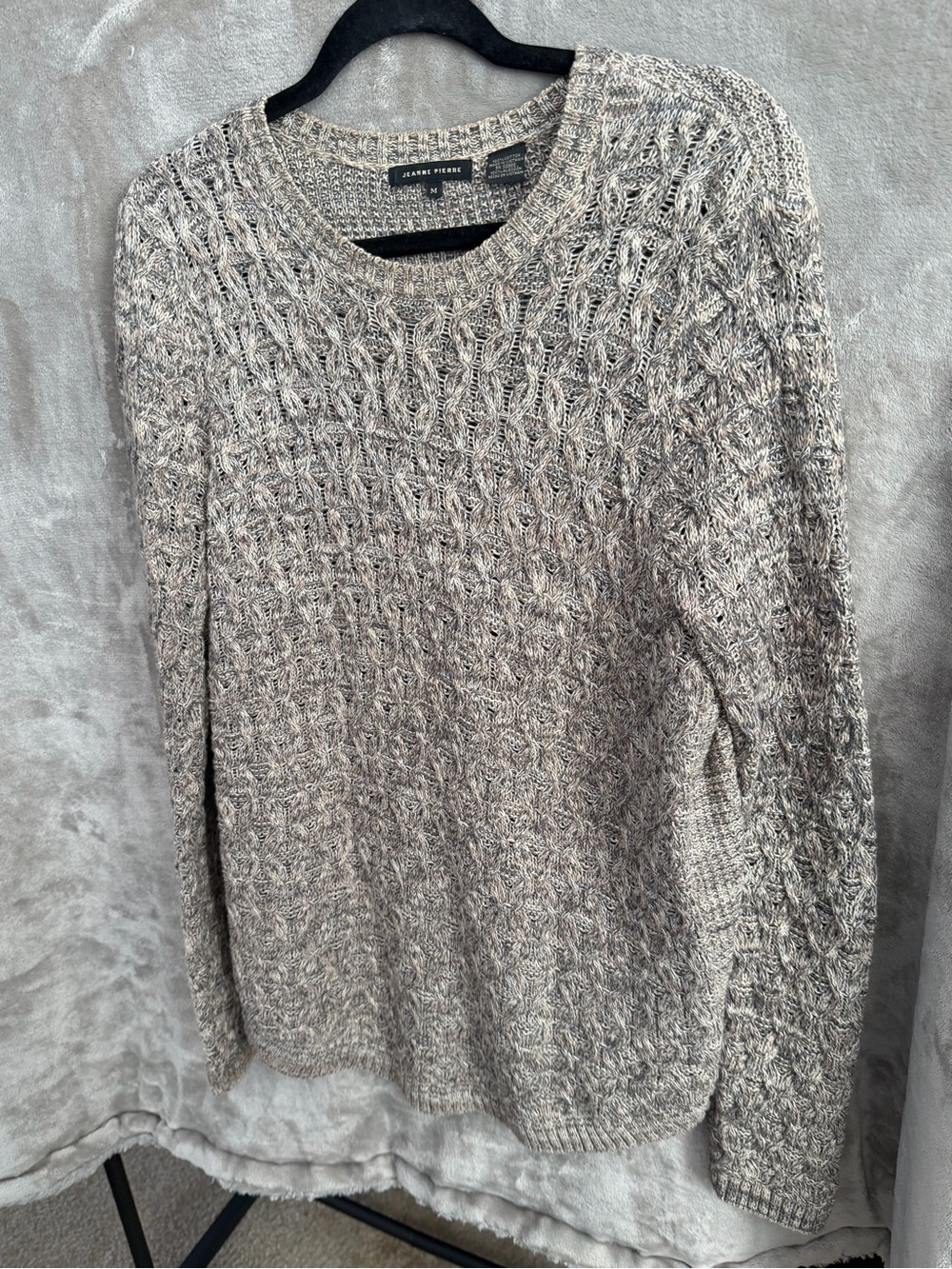 JEANNE PIERRE Heathered Taupe Cable Crewneck Sweater